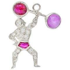 Vintage Large Art Deco Ruby Cabochon Diamond Platinum Strong Man Weightlifter Charm