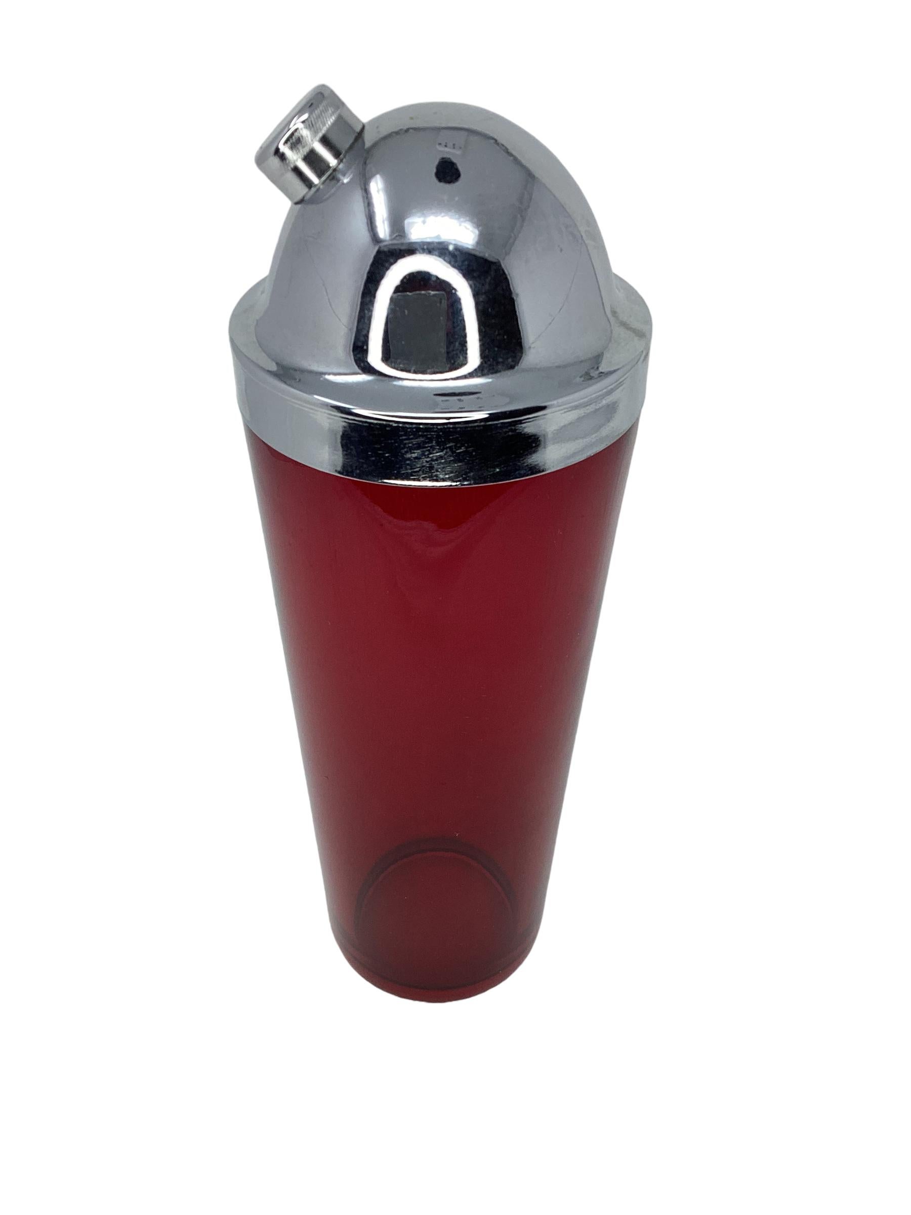 Large Art Deco Ruby Red Cocktail Shaker with domed chrome lid. Vibrant ruby red color makes this a statement piece for any bar.