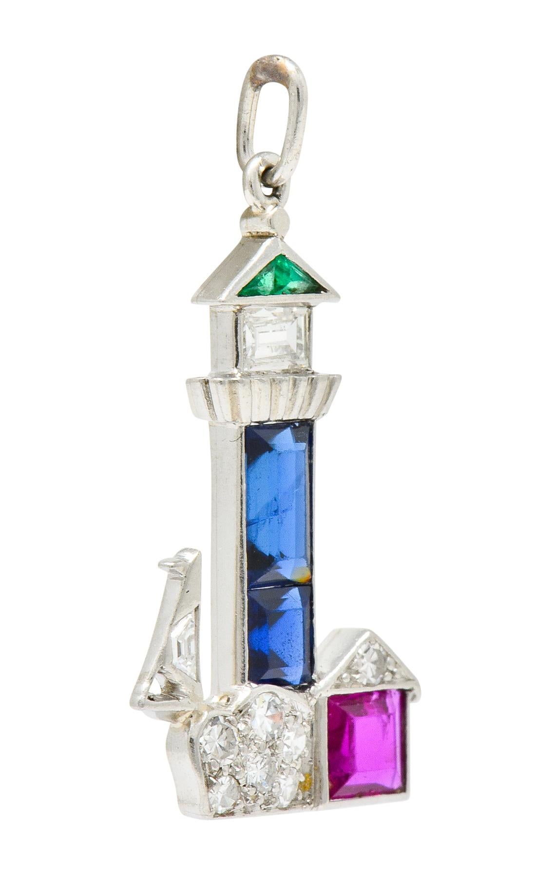 Baguette Cut Large Art Deco Sapphire Emerald Ruby Diamond Platinum Lighthouse Charm