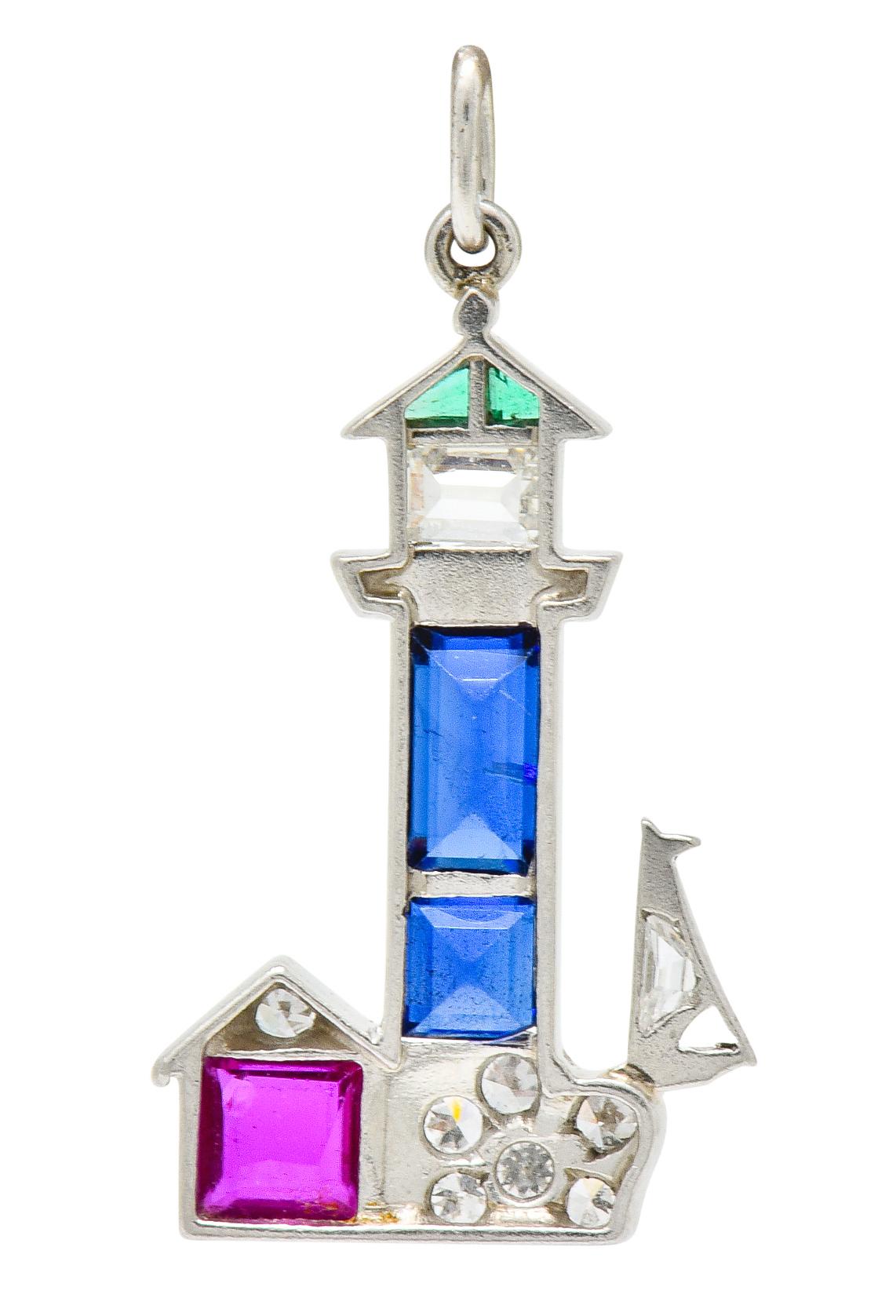 Large Art Deco Sapphire Emerald Ruby Diamond Platinum Lighthouse Charm In Excellent Condition In Philadelphia, PA