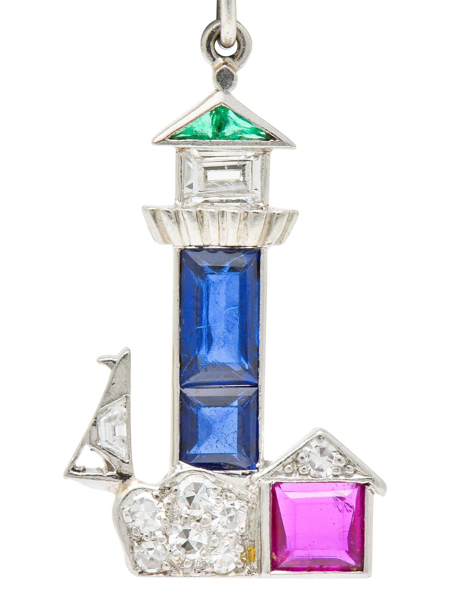Women's or Men's Large Art Deco Sapphire Emerald Ruby Diamond Platinum Lighthouse Charm