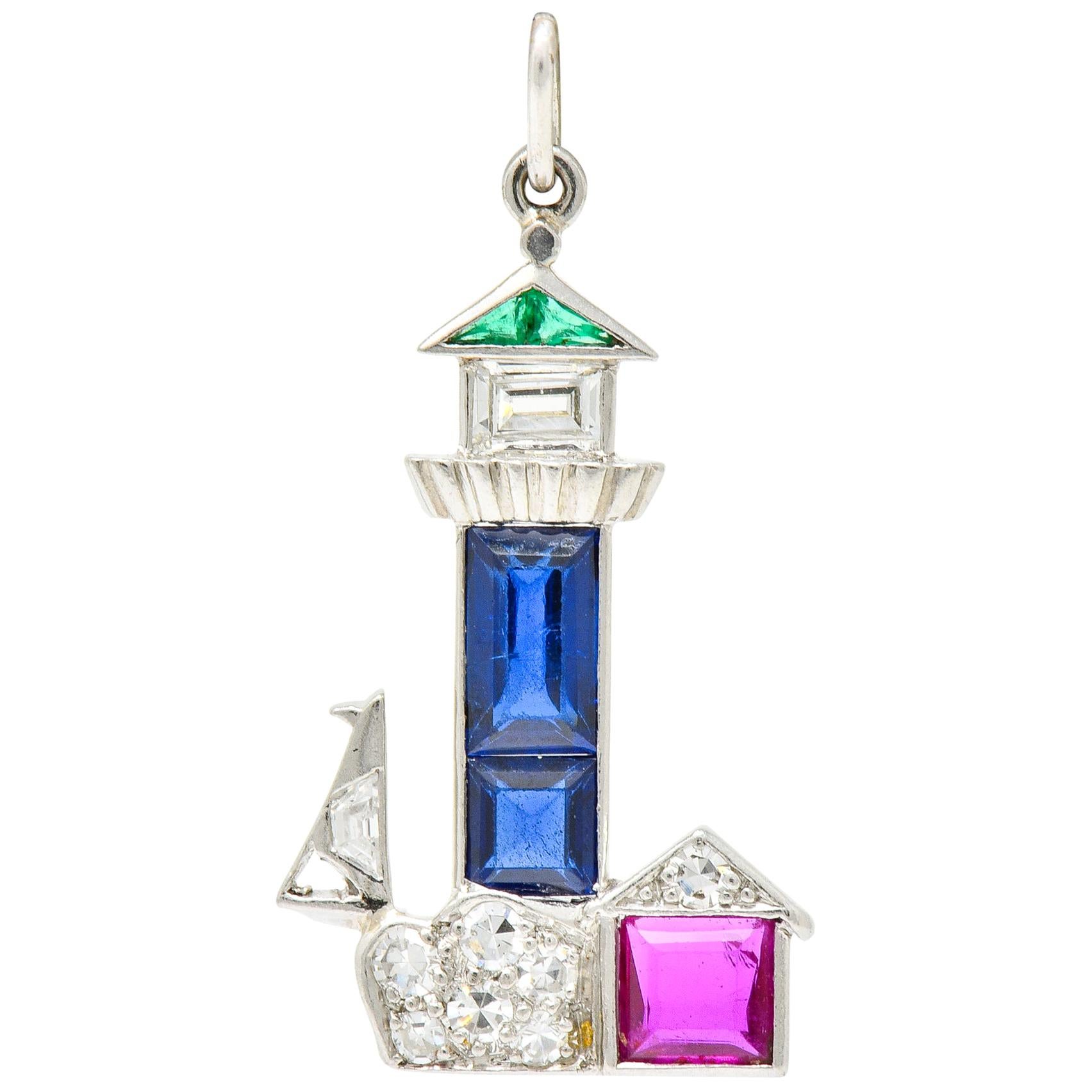 Large Art Deco Sapphire Emerald Ruby Diamond Platinum Lighthouse Charm