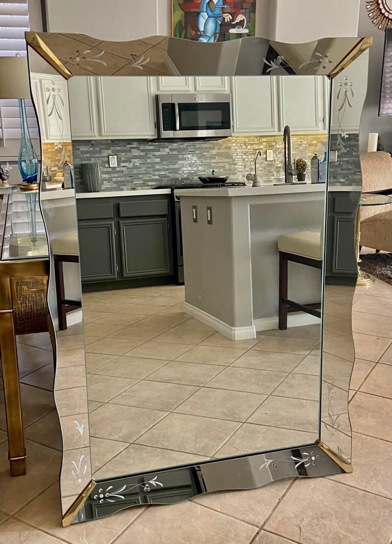 Large Art Deco Scalloped Etched Wall Mirror For Sale at 1stDibs
