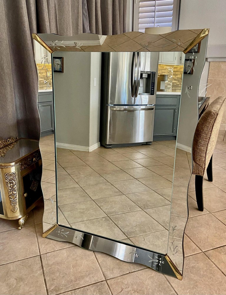 Large Art Deco Scalloped Etched Wall Mirror For Sale at 1stDibs