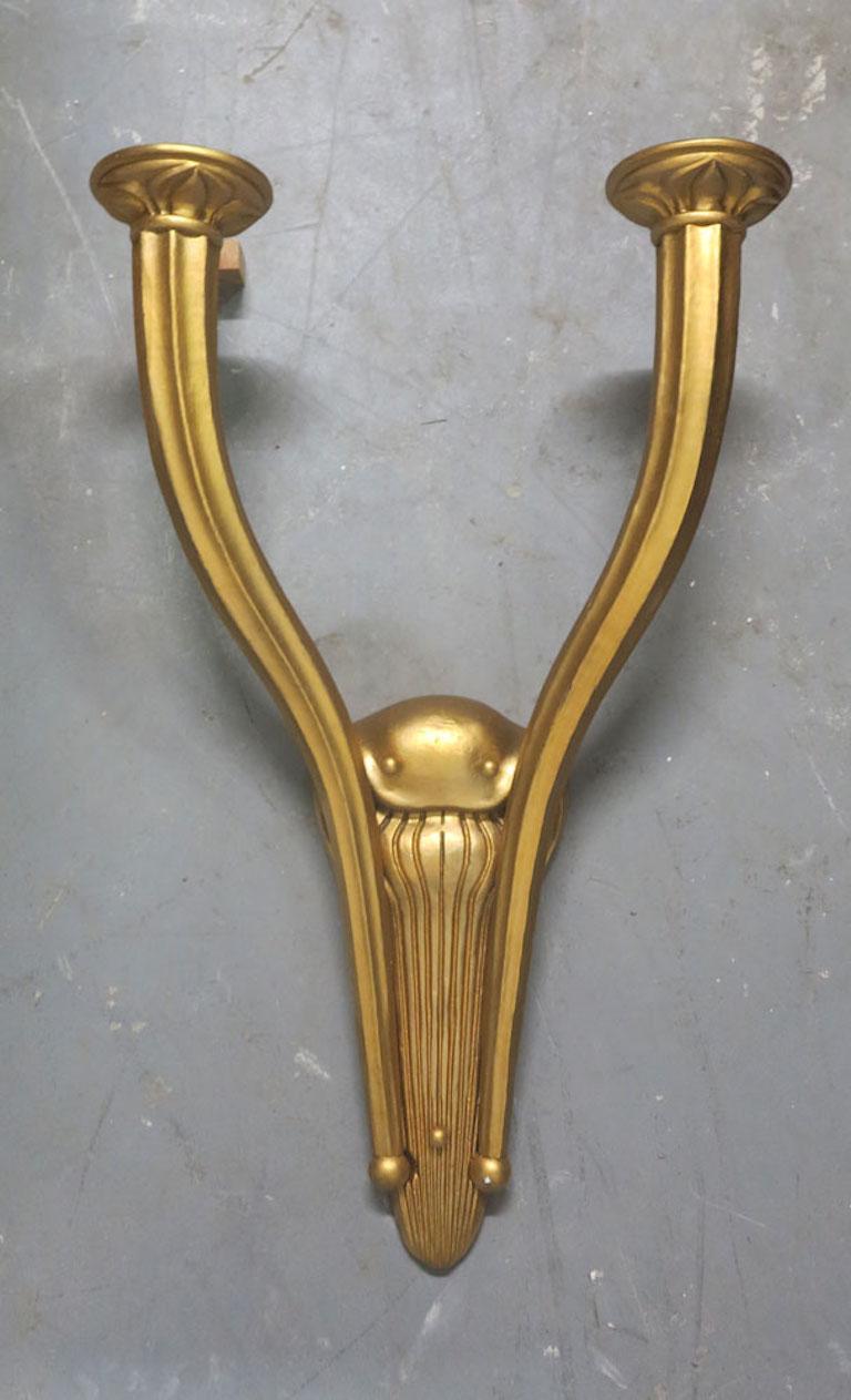 Gilt 1940s Palatial Scale Art Deco Gold Sconces Ruhlmann Style-set of 6 For Sale