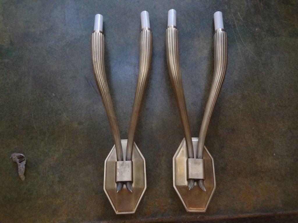 1940s Palatial Scale Art Deco Gold Sconces Ruhlmann Style-set of 6 In Good Condition For Sale In West Palm Beach, FL