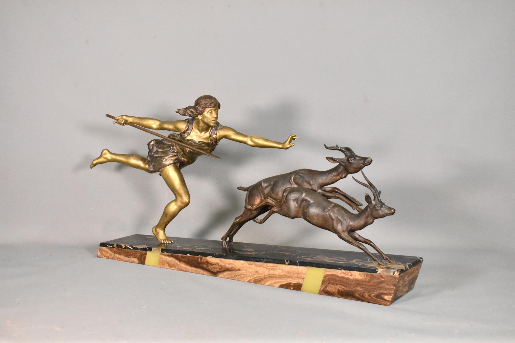 Large French Art Deco Sculpture Diana the Huntress Figurative Group by Emile Joseph Carlier. 

A large impressive scene of Diana the huntress hunting a pair of antelope. 

The figurines are mounted on a trapezoidal base of portico, marble and