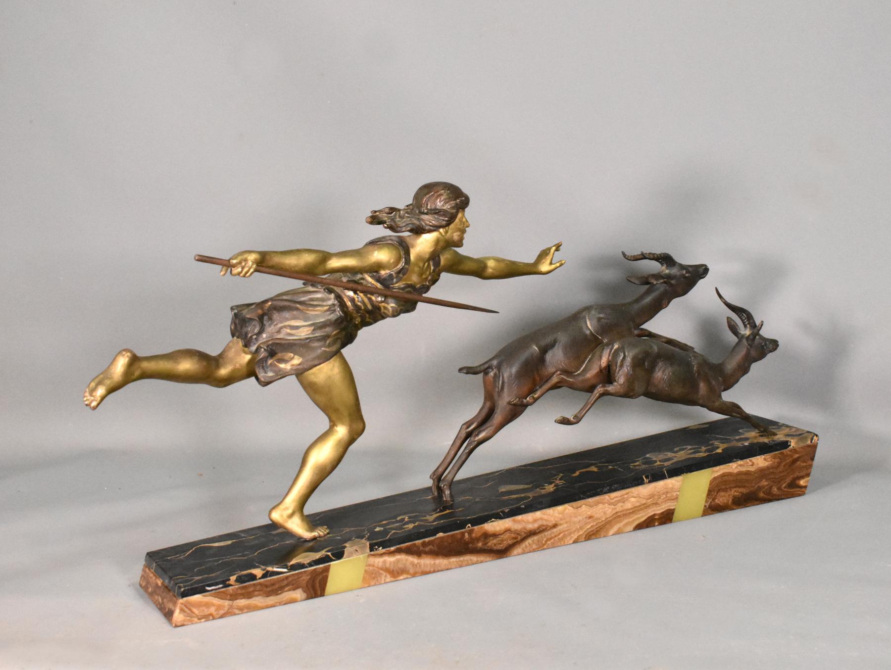 Cold-Painted Large Art Deco Sculpture Diana the Huntress by Carlier