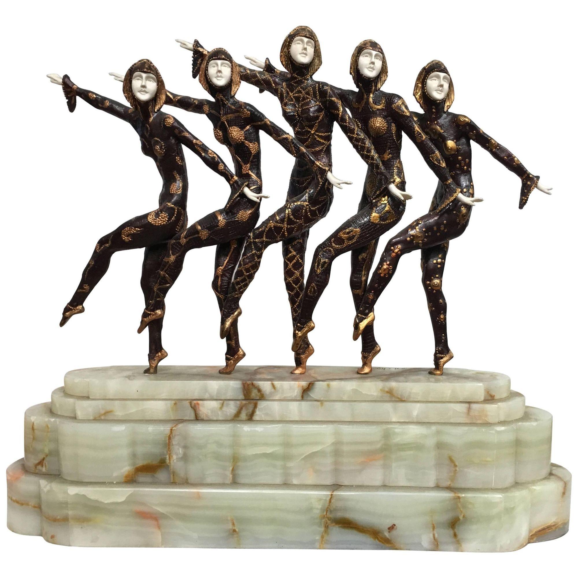 Large Art Deco Sculpture of Five Chiparus Style Dancers with a Marble Base For Sale 6