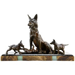 Large Art Deco Sculpture Shepherd Dog with Playful Puppies by Plagnet, 1930s
