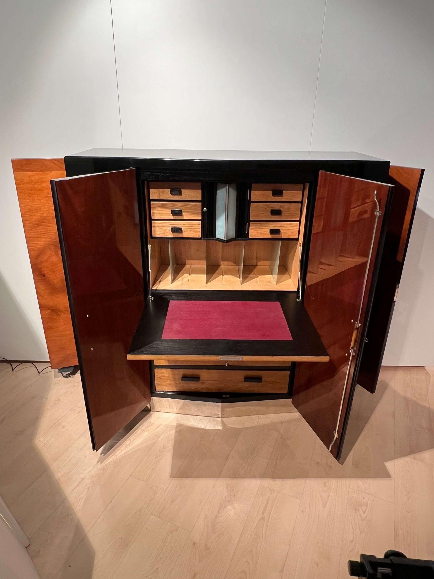 Stainless Steel Large Art Deco Secretaire Cabinet, Black Lacquer, Oak, France circa 1930