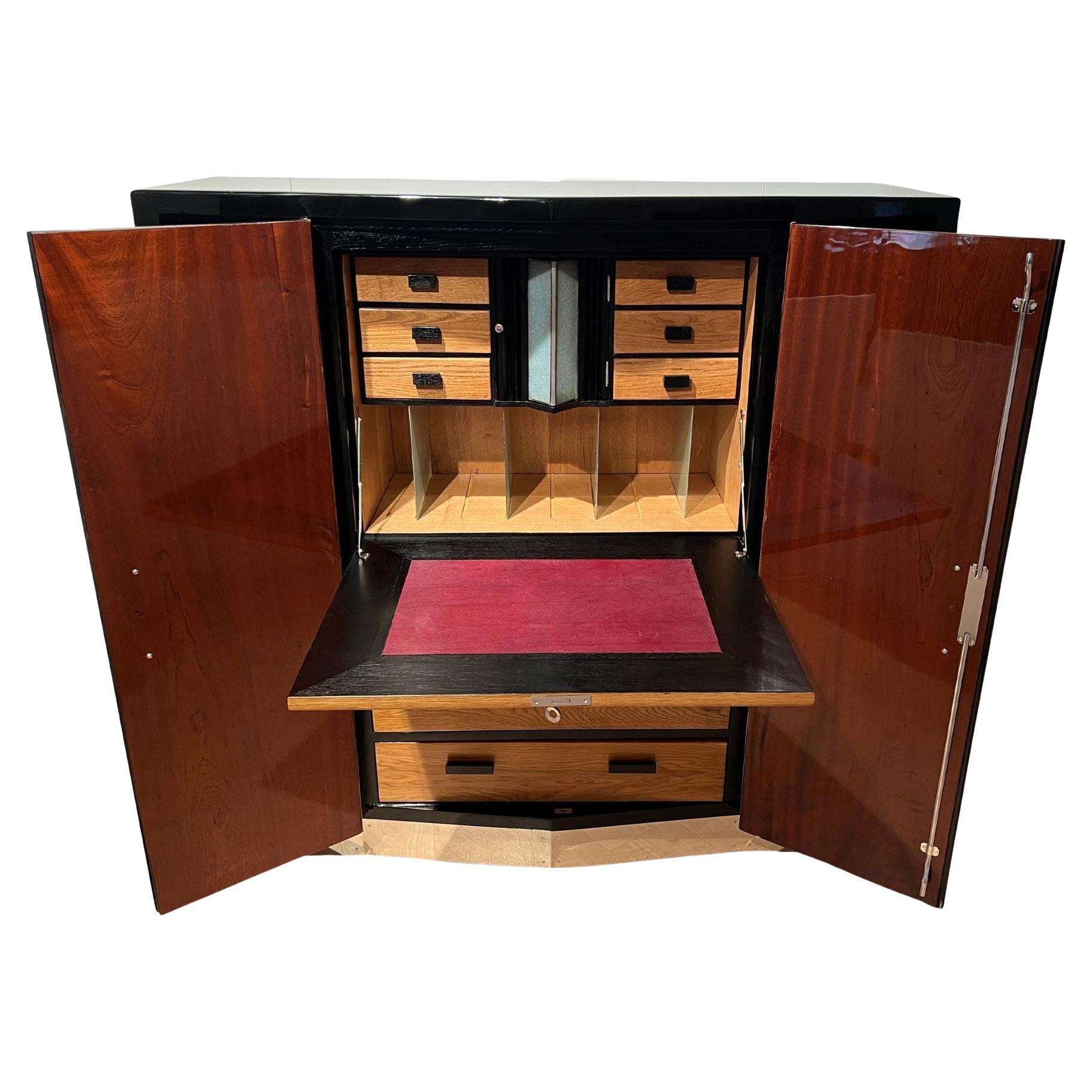 Large Art Deco Secretaire Cabinet, Black Lacquer, Oak, France circa 1930