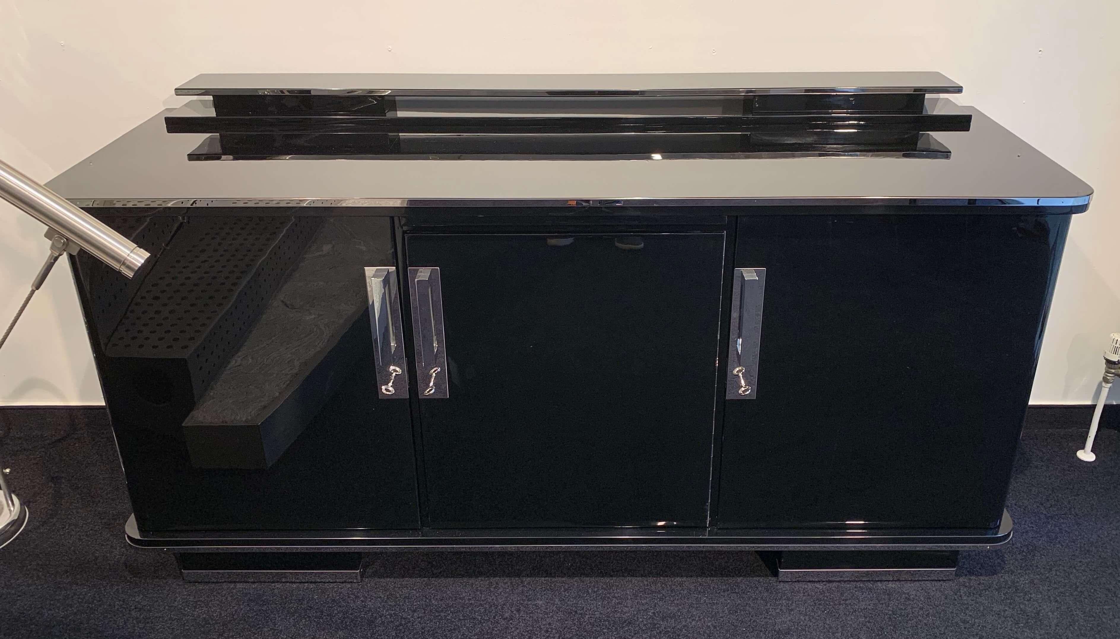 Galvanized Large Art Deco Sideboard, Black Lacquer and Nickel, Germany, circa 1930