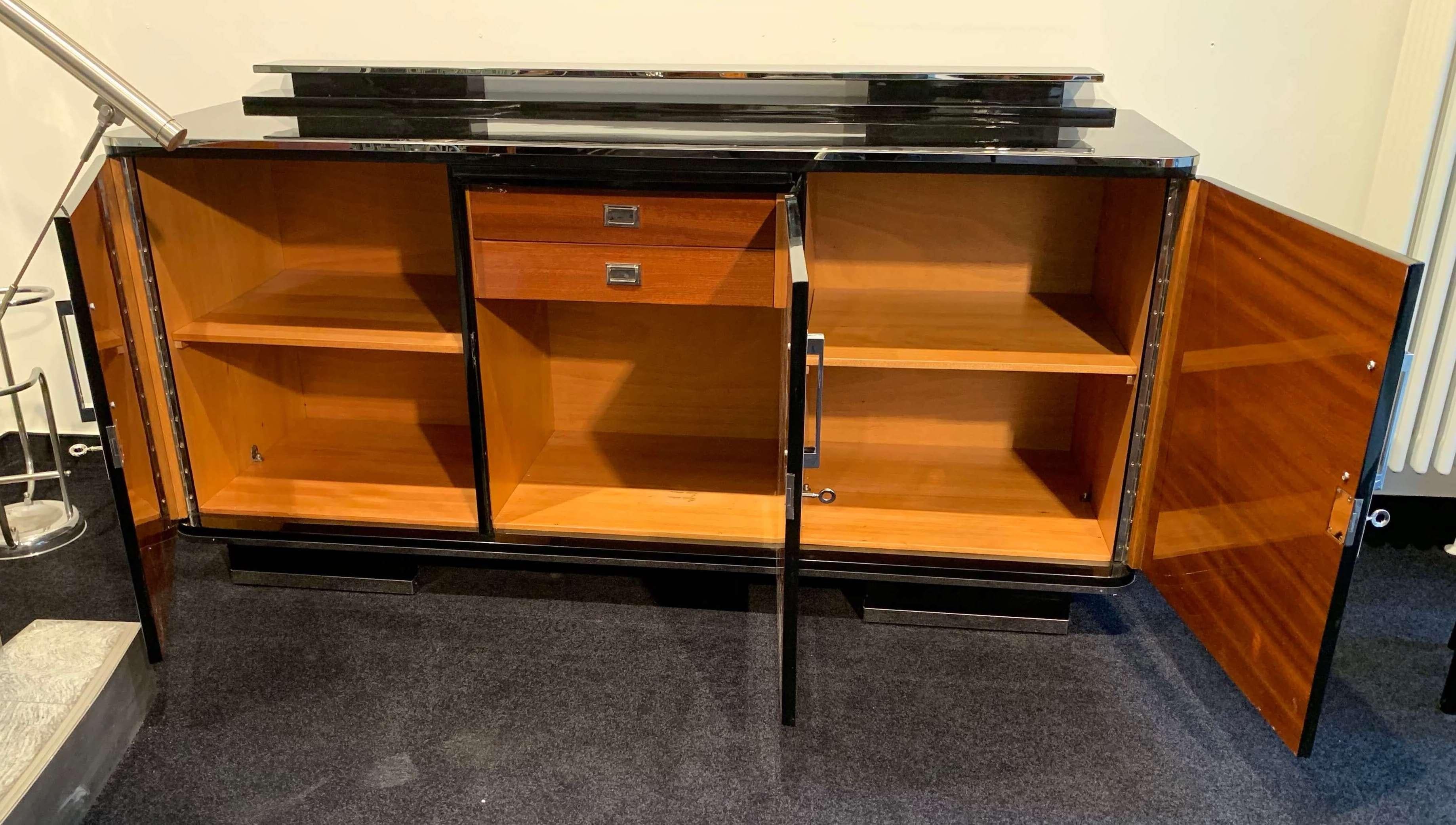 Large Art Deco Sideboard, Black Lacquer and Nickel, Germany, circa 1930 1
