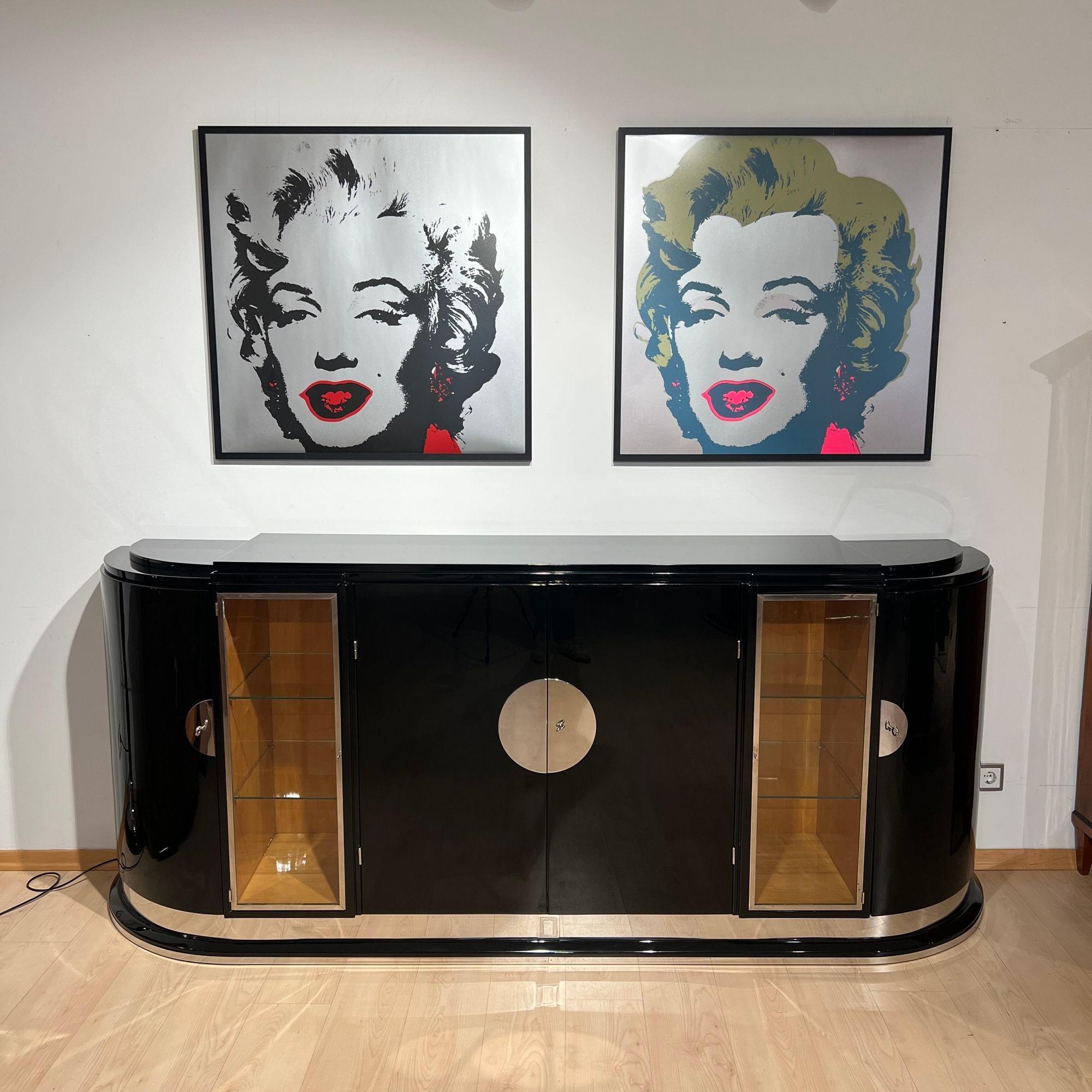 French Large Art Deco Sideboard, Black Lacquer, Maple, Lighting, France circa 1930 For Sale