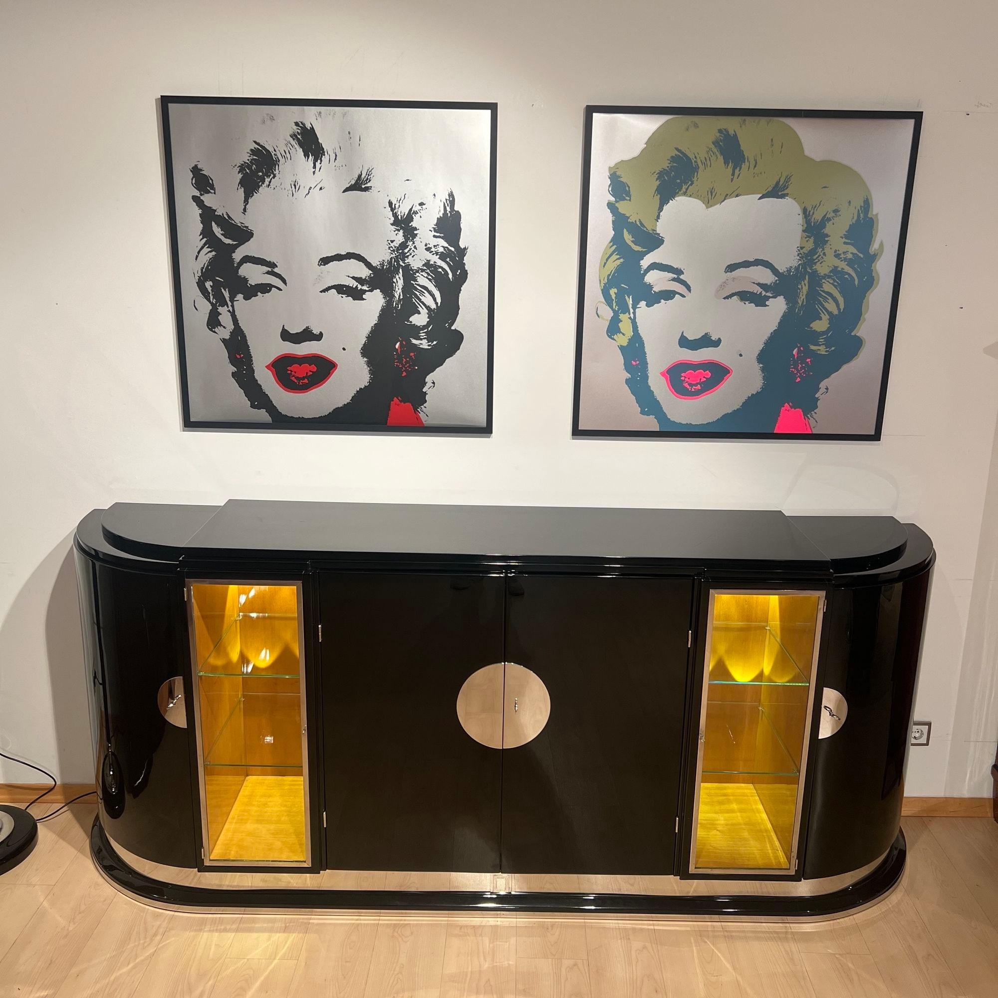 Galvanized Large Art Deco Sideboard, Black Lacquer, Maple, Lighting, France circa 1930 For Sale