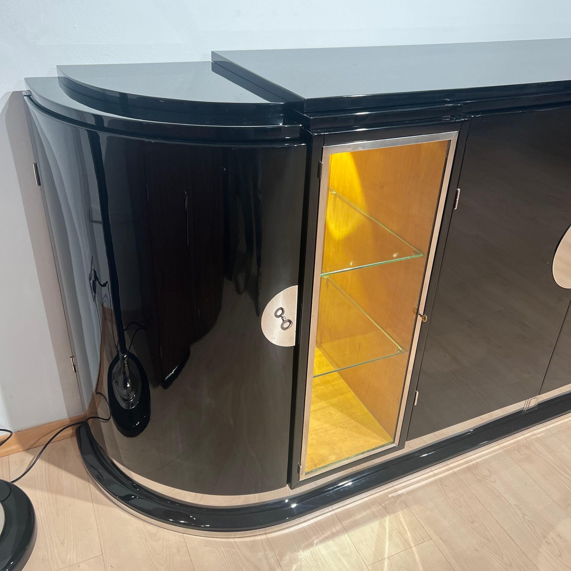 Mid-20th Century Large Art Deco Sideboard, Black Lacquer, Maple, Lighting, France circa 1930 For Sale