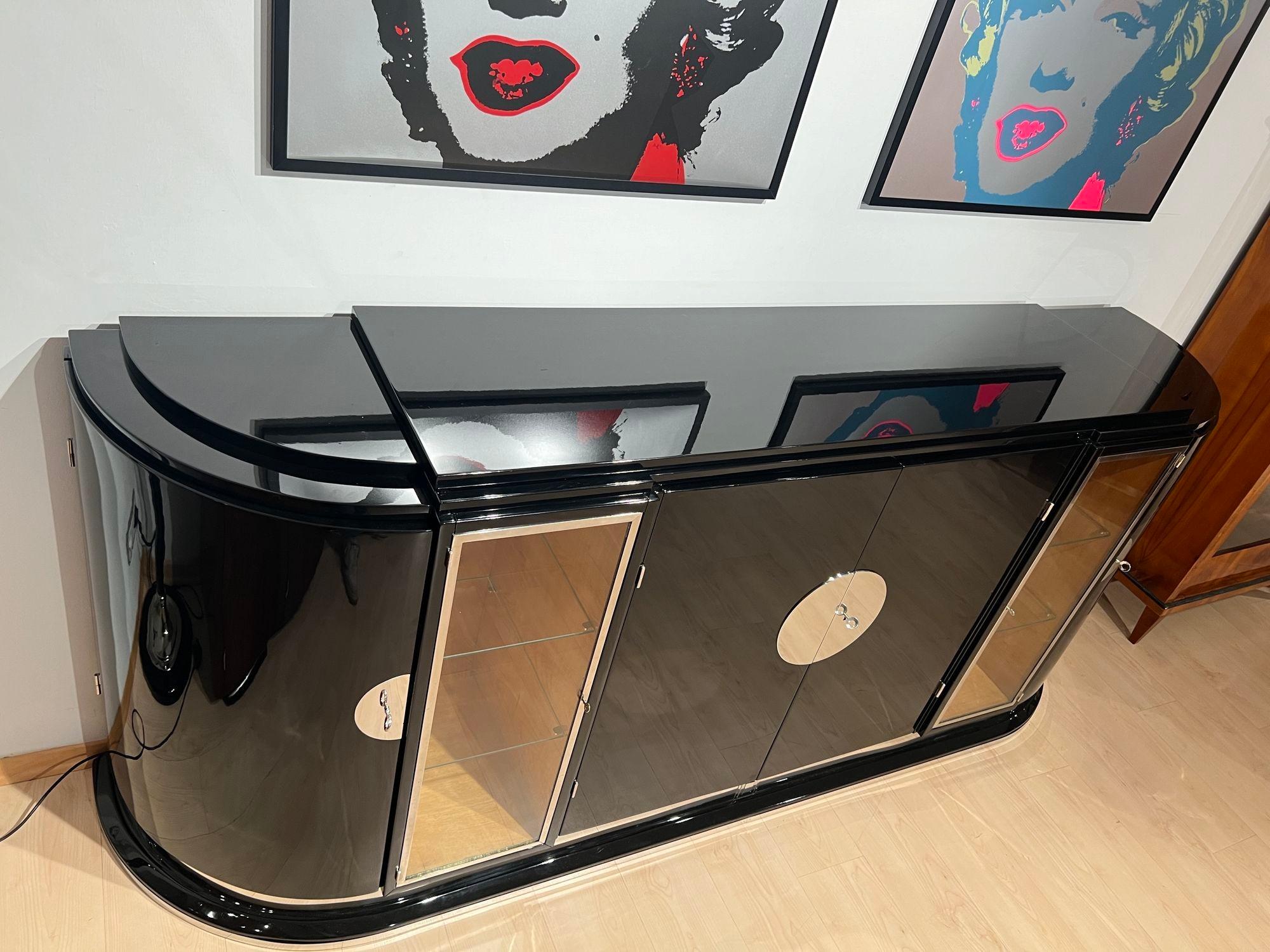 Metal Large Art Deco Sideboard, Black Lacquer, Maple, Lighting, France circa 1930 For Sale