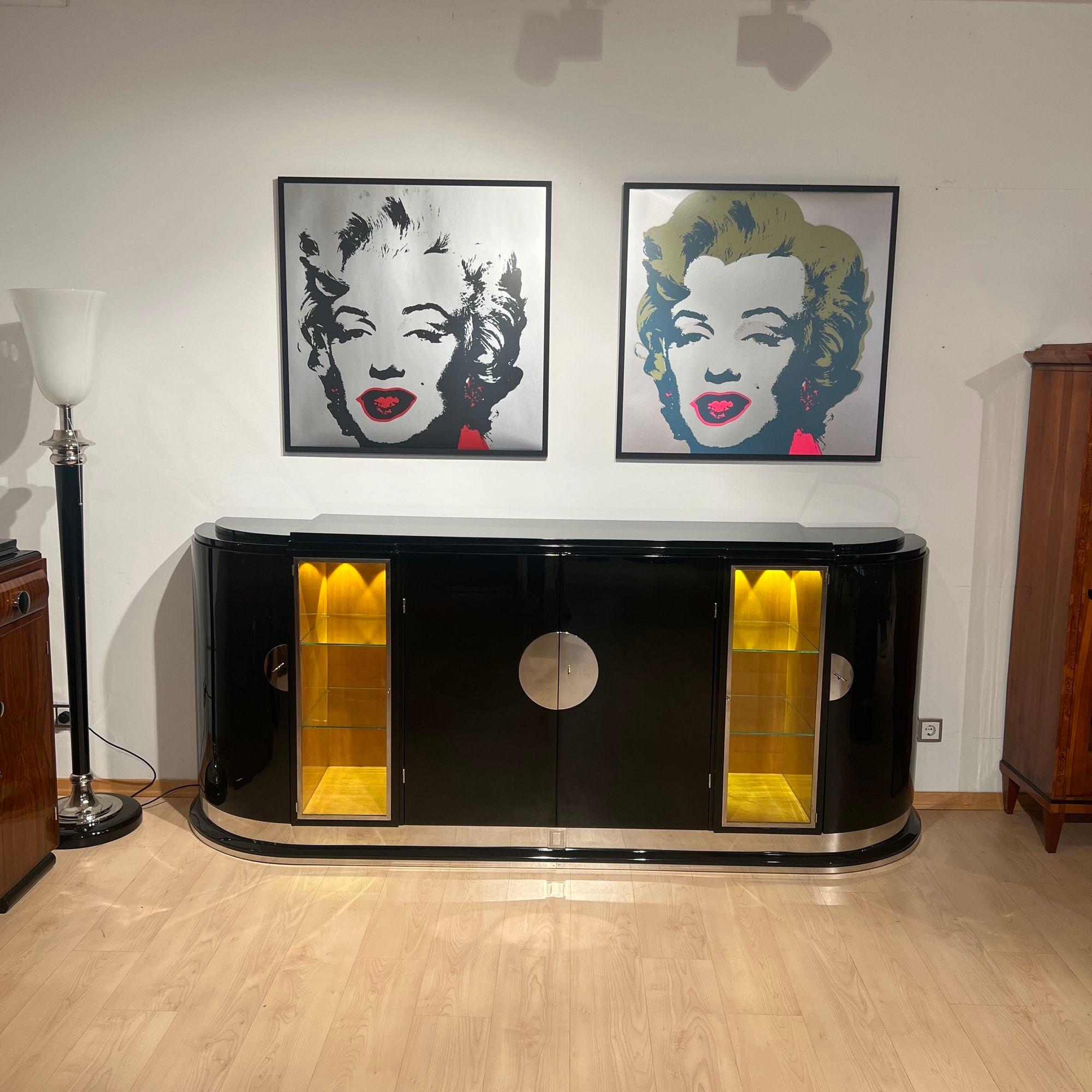 Large Art Deco Sideboard, Black Lacquer, Maple, Lighting, France circa 1930 For Sale 1