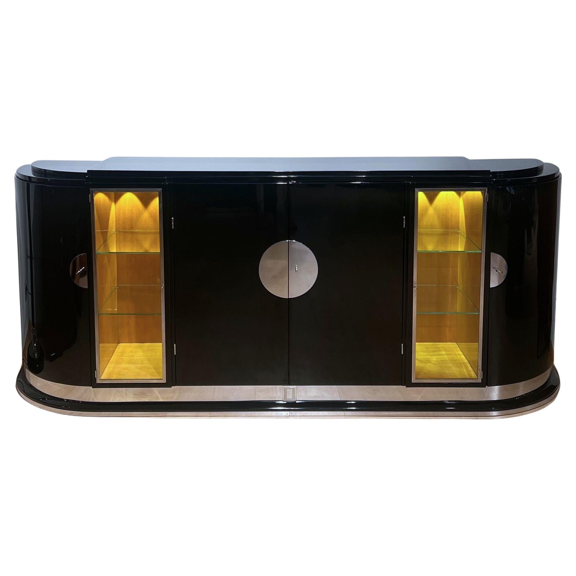 Grand buffet Art Déco, laque noire, érable, Lights, France circa 1930
