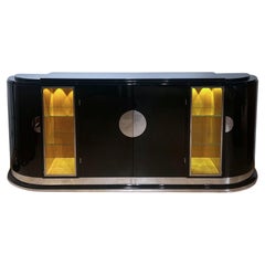 Large Art Deco Sideboard, Black Lacquer, Maple, Lighting, France circa 1930