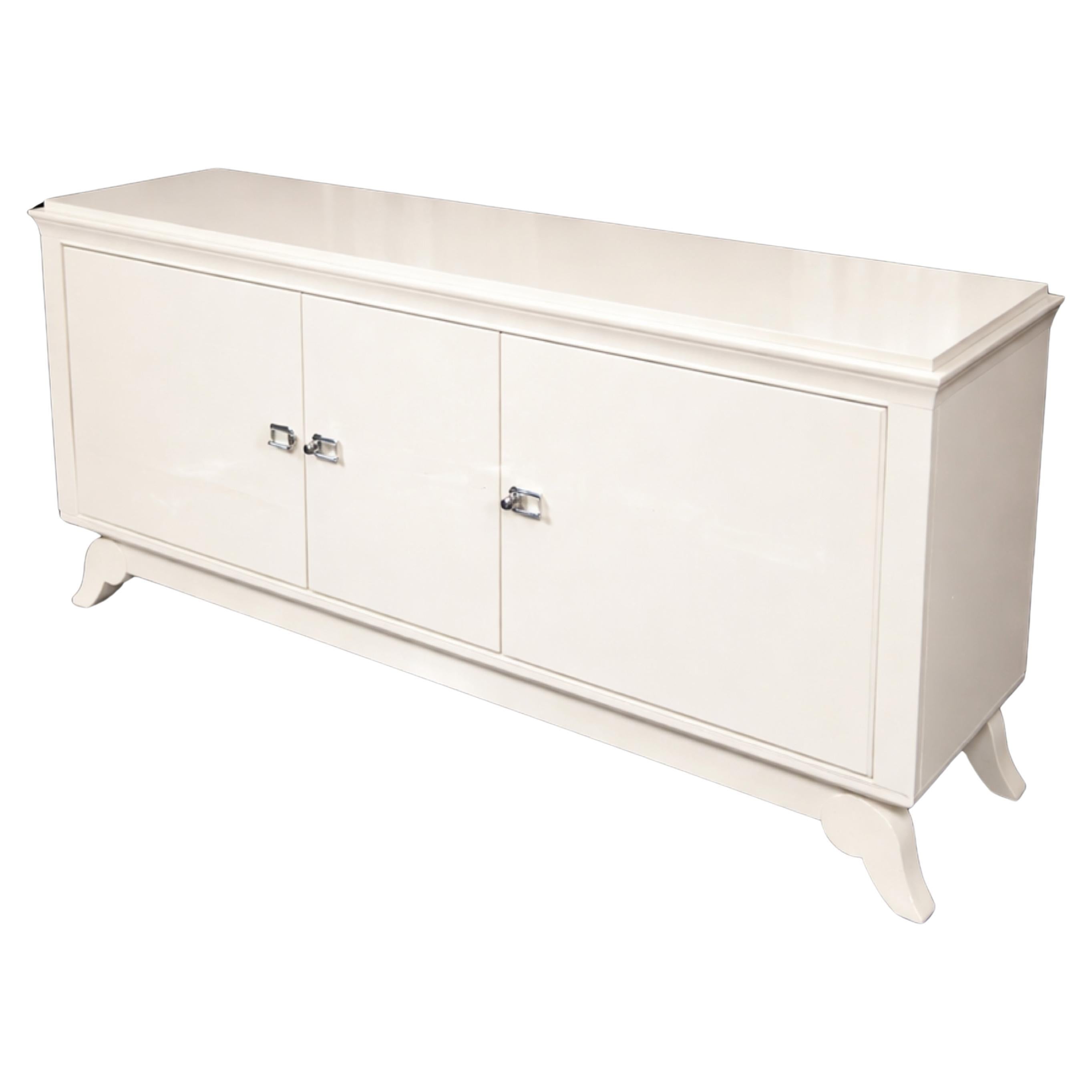 Large Art Deco Sideboard / Credenza – Off-White Lacquer, Brass, 1940s