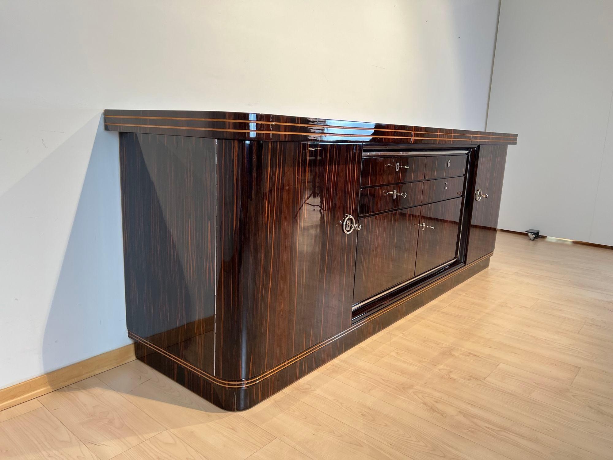 Lacquered Large Art Deco Sideboard, Macassar Ebony, Maple, Chrome, France circa 1930 For Sale