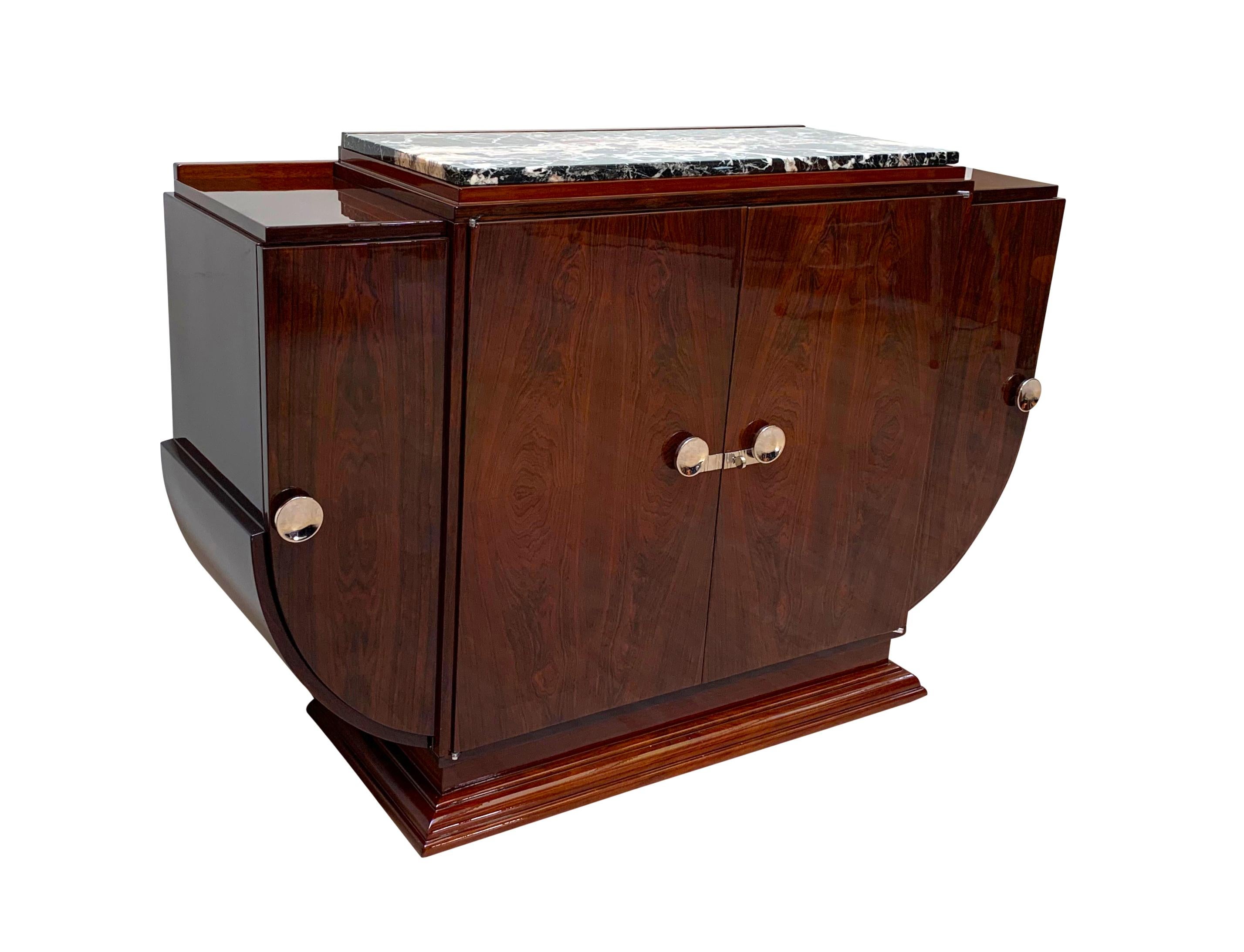 Elegant, high-quality french Art Deco Sideboard, Buffet, or Cabinet from the 1930s. 
This stunning piece has been expertly restored to its former glory, showcasing its unique curved Lyre shape that is sure to make a statement in any space.
Crafted