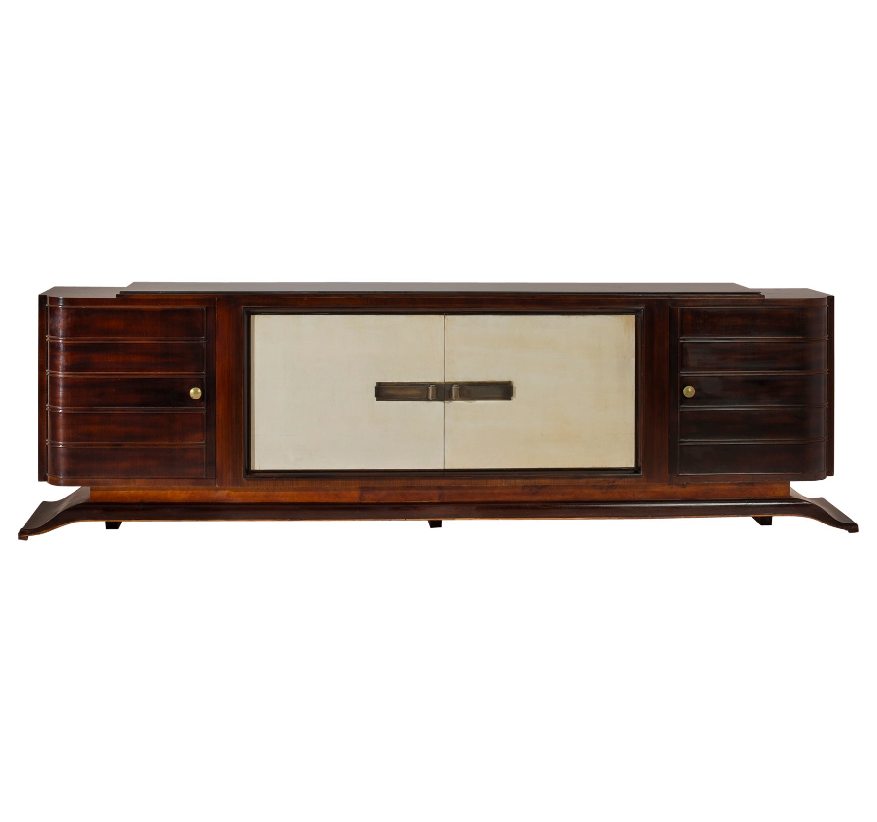Großes Art-Déco-Sideboard mit Pergamentintarsien und schwarzer Glasplatte, Italien, 1920er Jahre