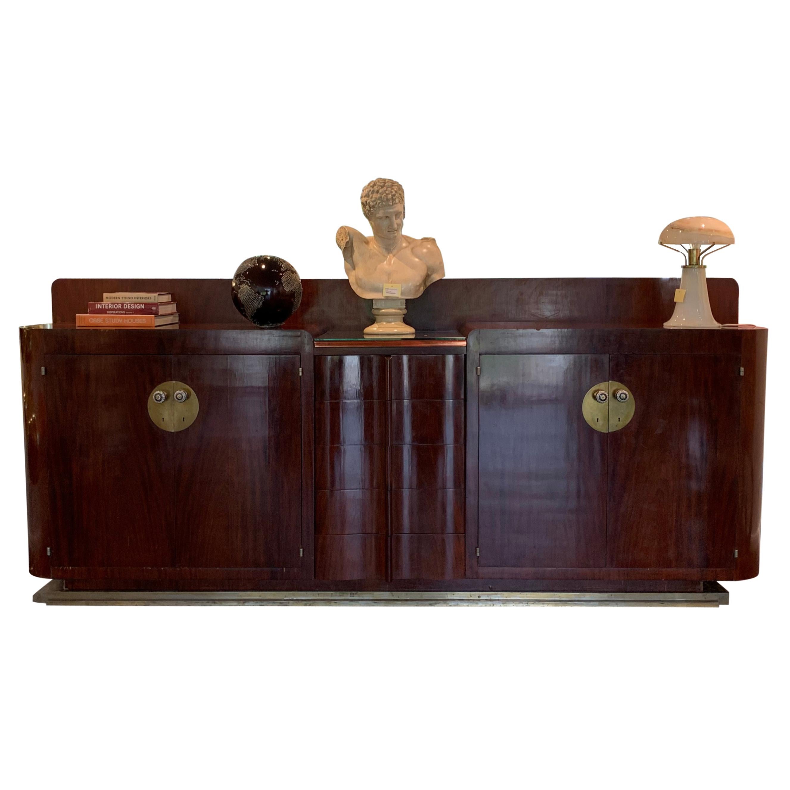 Large Art Deco Sideboard, Wood and Brass with Ceramic handles 