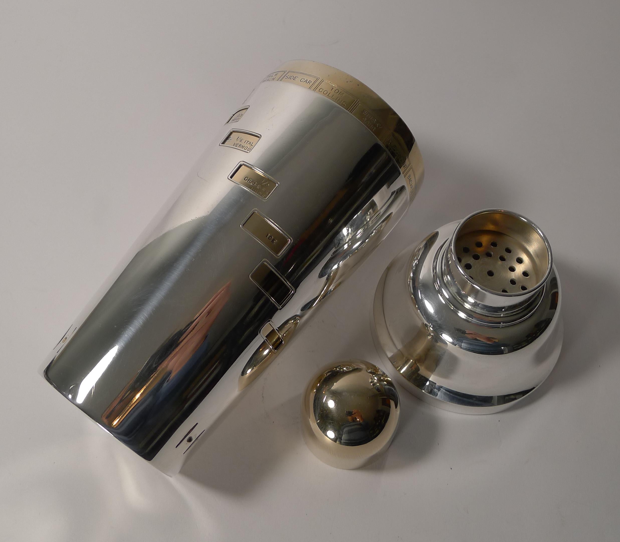 Large Art Deco Silver and Gold-Plated Recipe / Menu Cocktail Shaker, circa 1935 4