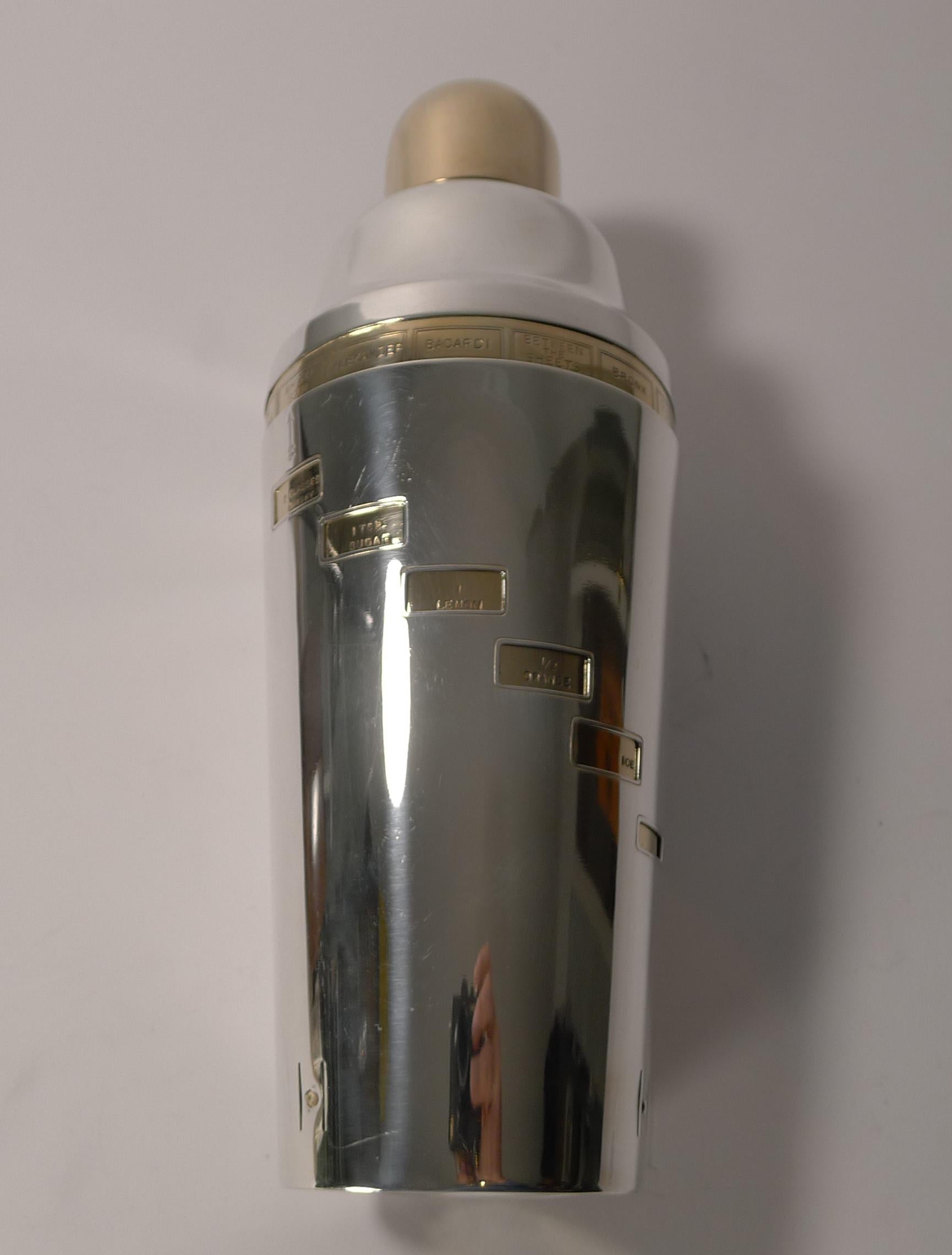 Mid-20th Century Large Art Deco Silver and Gold-Plated Recipe / Menu Cocktail Shaker, circa 1935