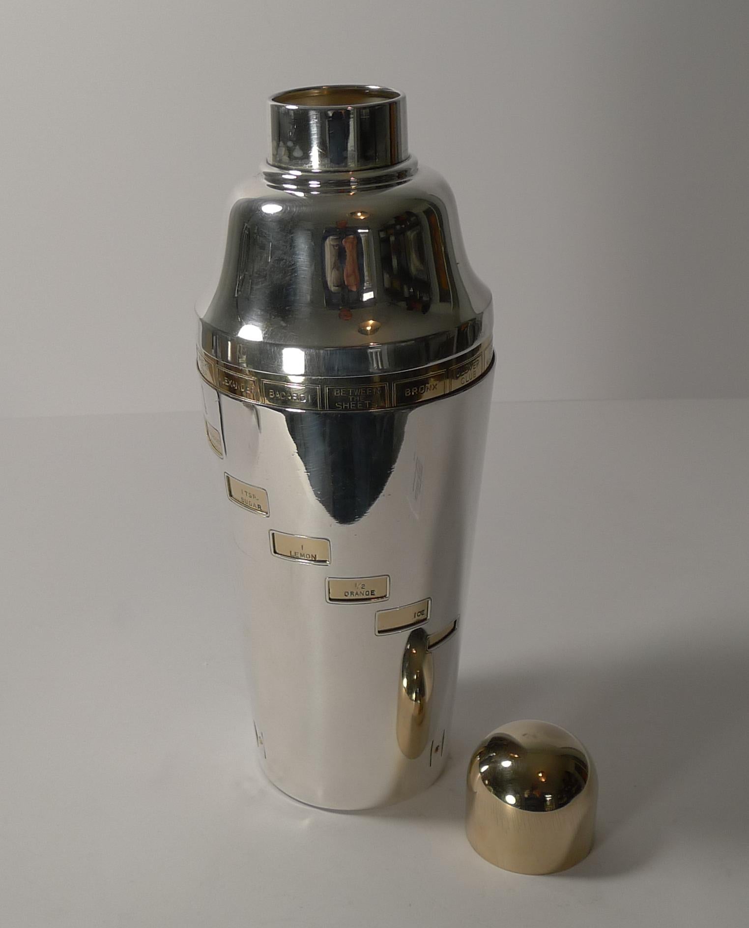 Gold Plate Large Art Deco Silver and Gold-Plated Recipe / Menu Cocktail Shaker, circa 1935