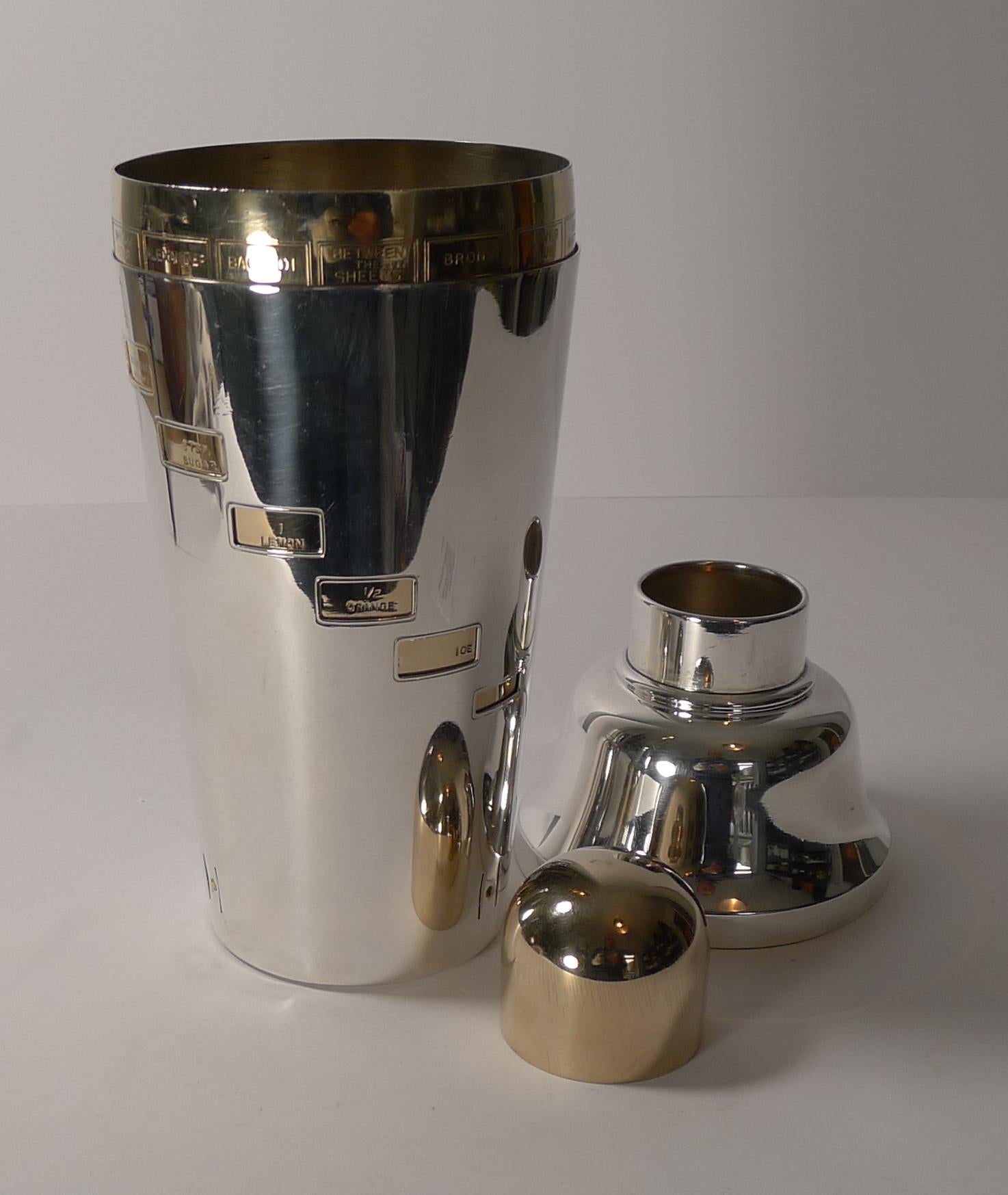 Large Art Deco Silver and Gold-Plated Recipe / Menu Cocktail Shaker, circa 1935 3