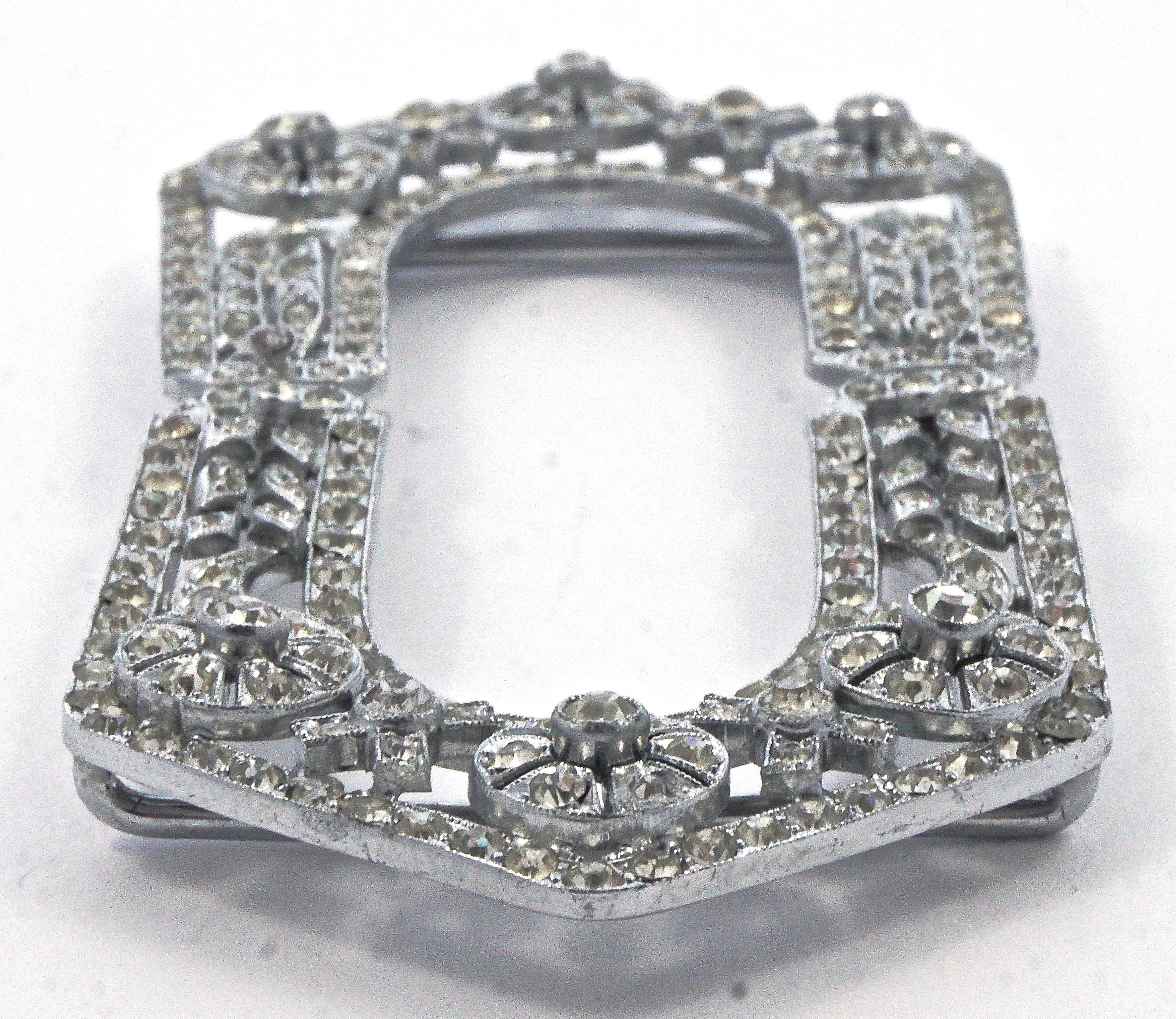 Large Art Deco Silver Tone and Rhinestone Belt Buckle In Good Condition For Sale In London, GB