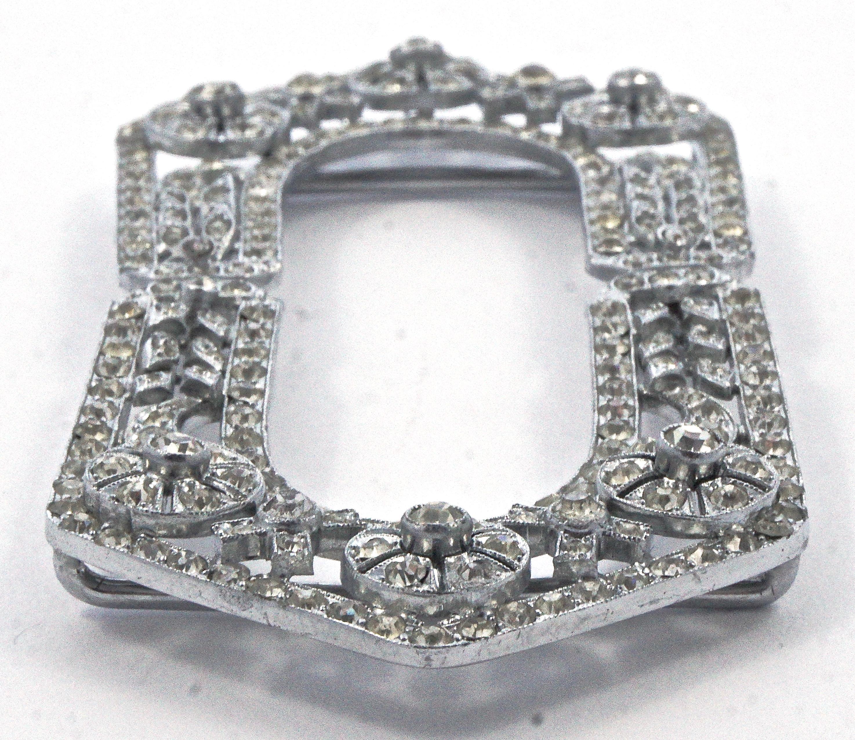 Large Art Deco Silver Tone and Rhinestone Belt Buckle In Good Condition In London, GB