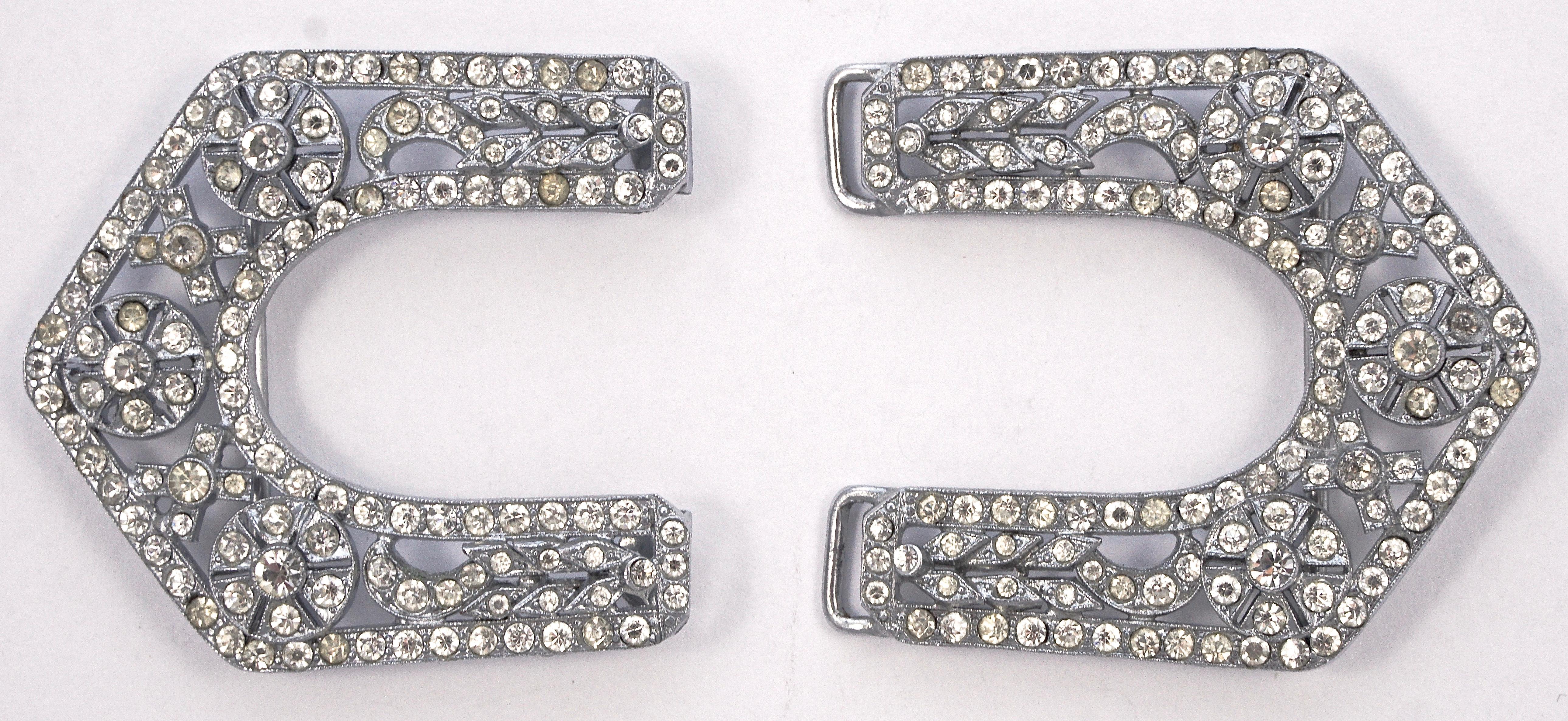 Women's or Men's Large Art Deco Silver Tone and Rhinestone Belt Buckle For Sale