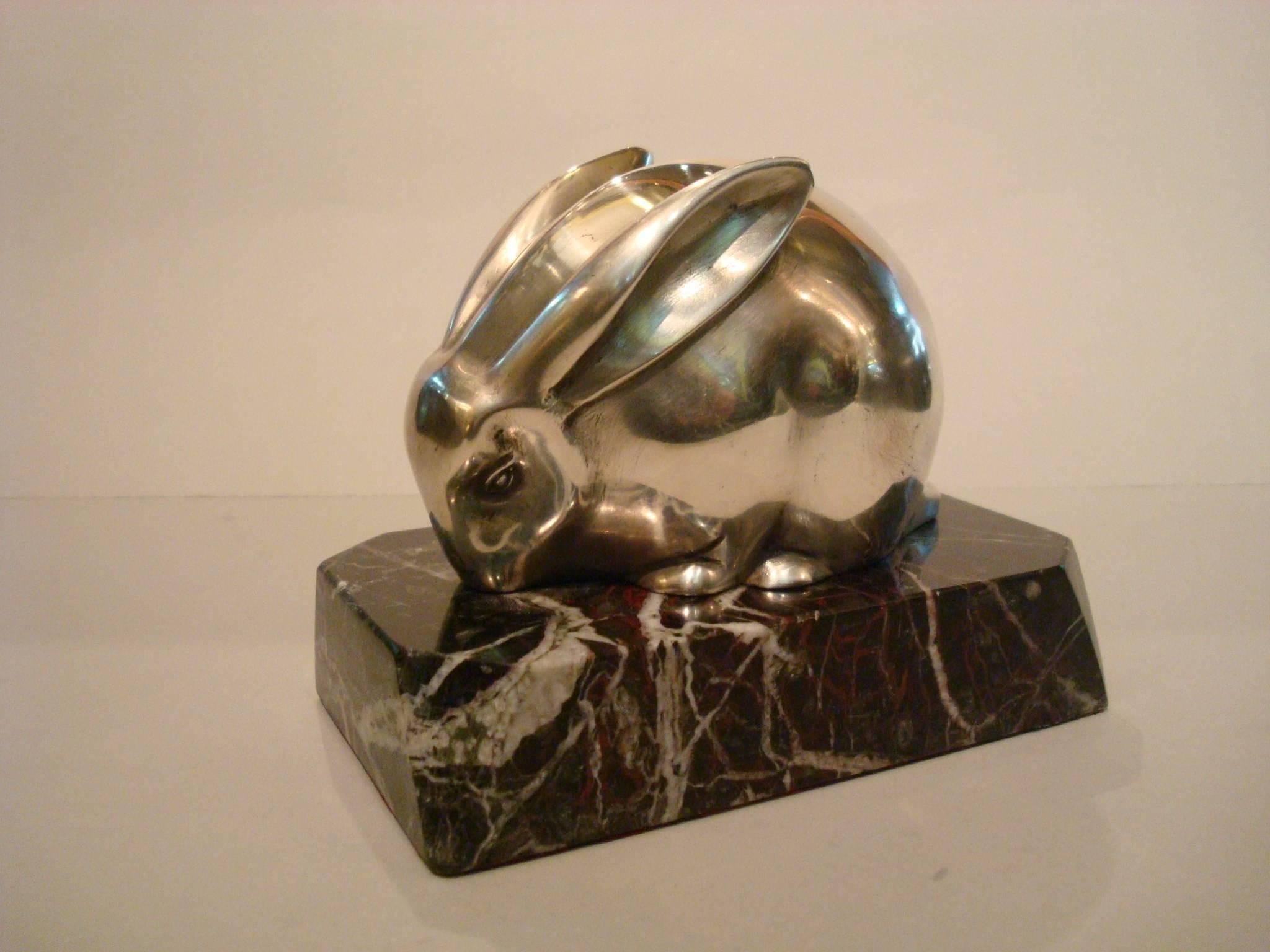 French  Art Deco Silvered Bronze Sculpture of a Rabbit, Edouard Marcel Sandoz