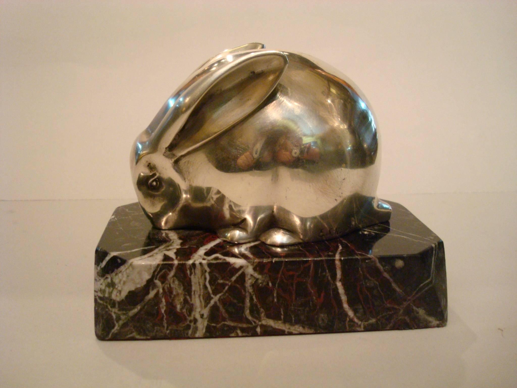  Art Deco Silvered Bronze Sculpture of a Rabbit, Edouard Marcel Sandoz In Good Condition In Buenos Aires, Olivos