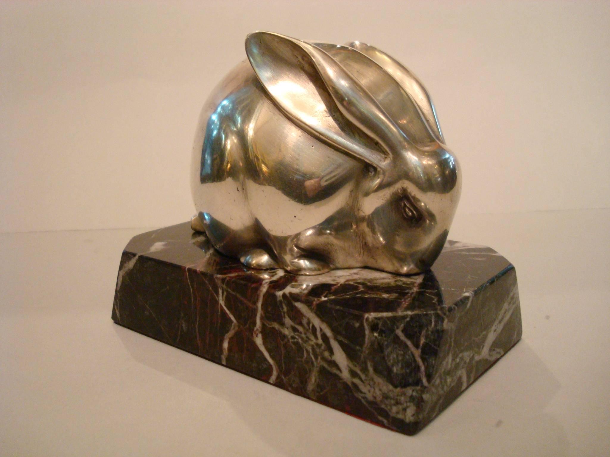 Marble  Art Deco Silvered Bronze Sculpture of a Rabbit, Edouard Marcel Sandoz
