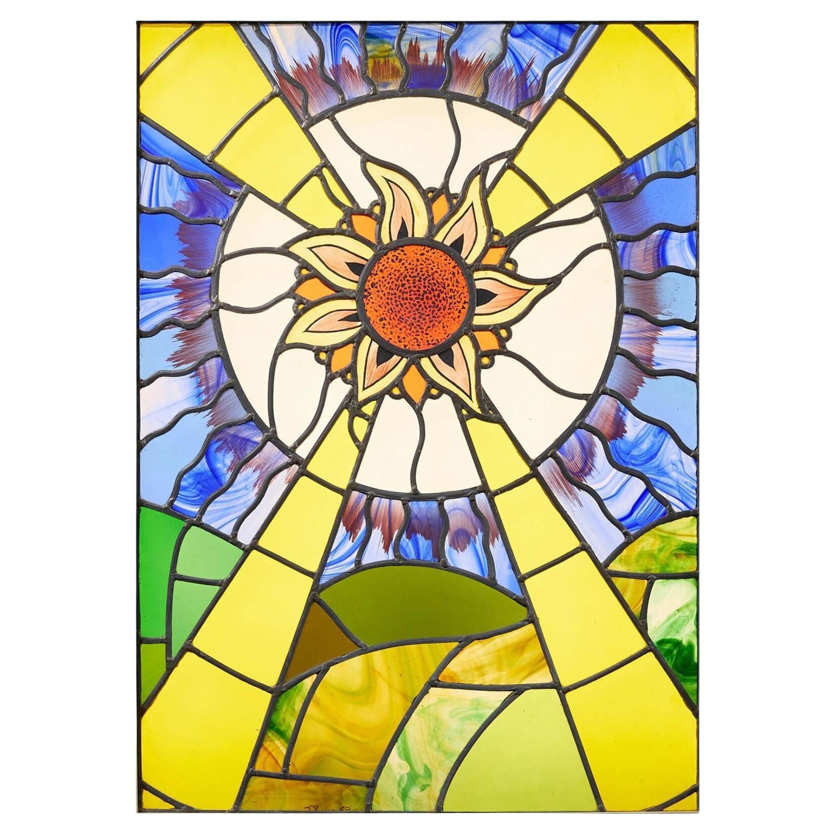 Großes Art-Déco-Gemäldeglas mit Sonnenaufgang-Szene aus Glasmalerei
