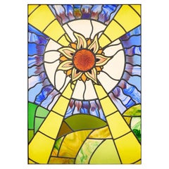 Vintage Large Art Deco Stained Glass of Sunrise Scene