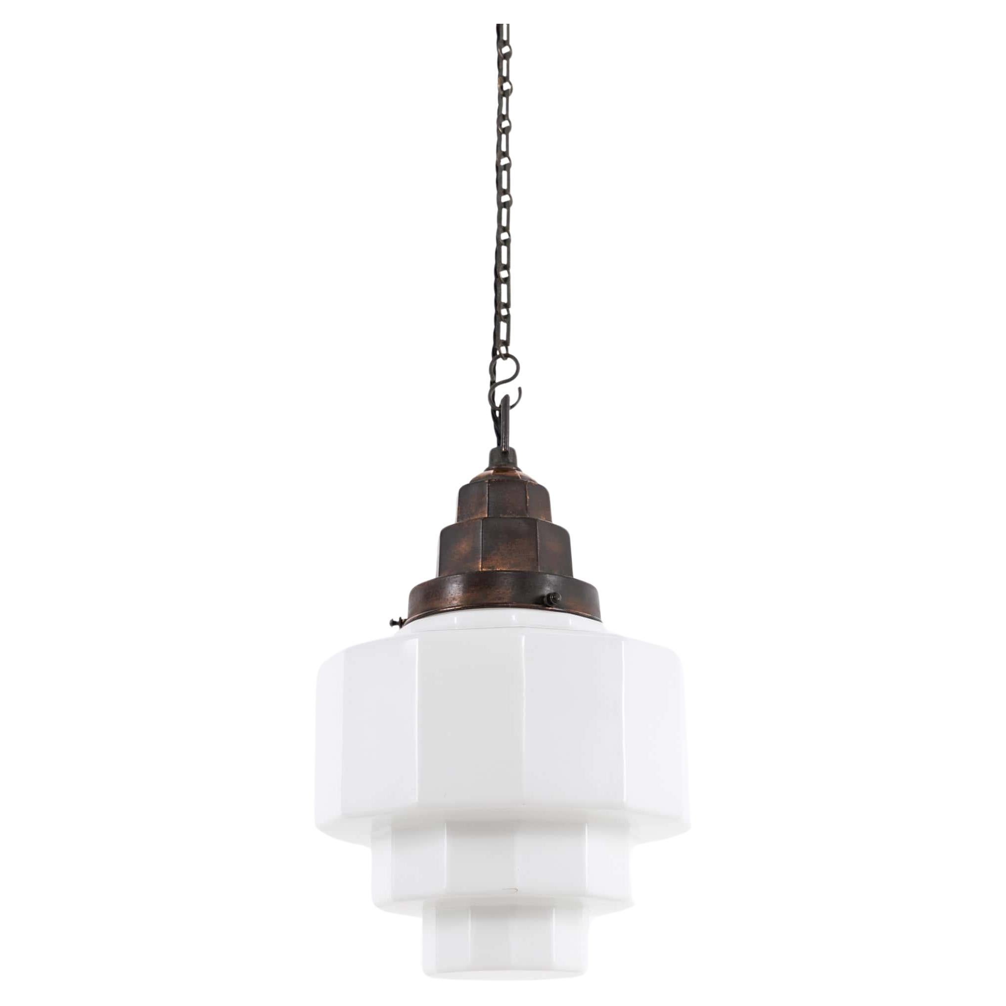 Large Art Deco Stepped Skyscraper Opaline Glass Pendant Lamp, C.1930 For Sale