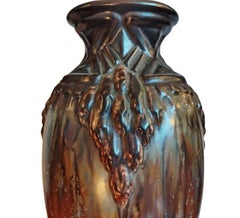Große Art-déco-Vase aus Steingut von Mougin Nancy, mit bronzefarbener Flambé-Glasur und kristalliner Glasur