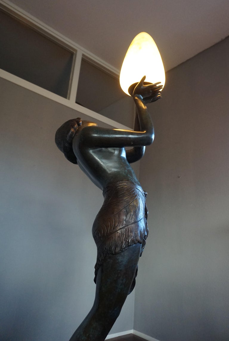 Large Art Deco Style Bronze and Glass Lady Sculpture Floor Lamp after A. Moreau For Sale at 1stDibs