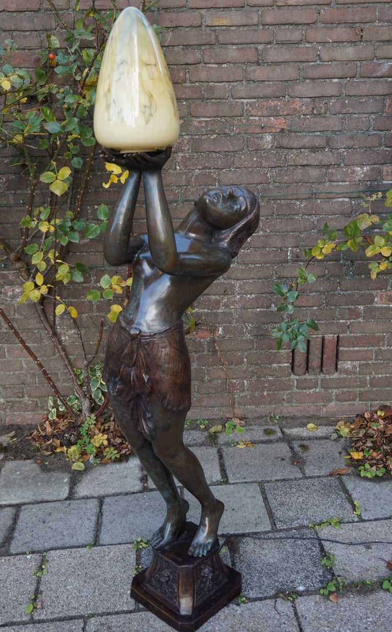 Large Art Deco Style Bronze and Glass Lady Sculpture Floor Lamp after A