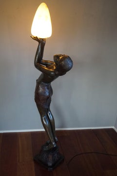 Large Art Deco Style Bronze & Glass Lady Sculpture Floor Lamp after A. Moreau