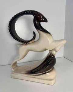 Large Art Deco Style Brown and White Royal Haeger Ram Ceramic, 1960s