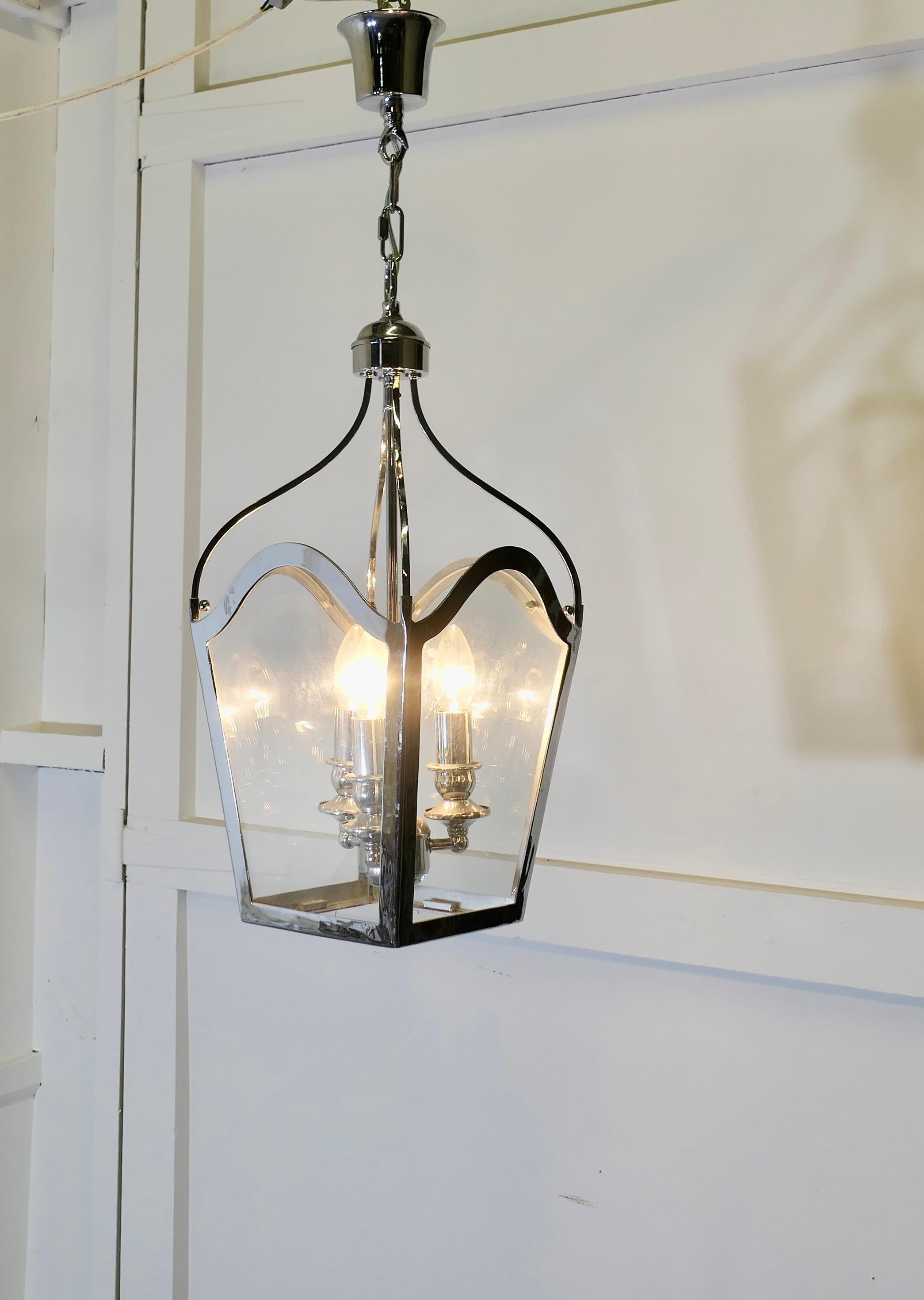 Mid-Century Modern Large Art deco Style Chrome and Glass Lantern, Hall Light For Sale