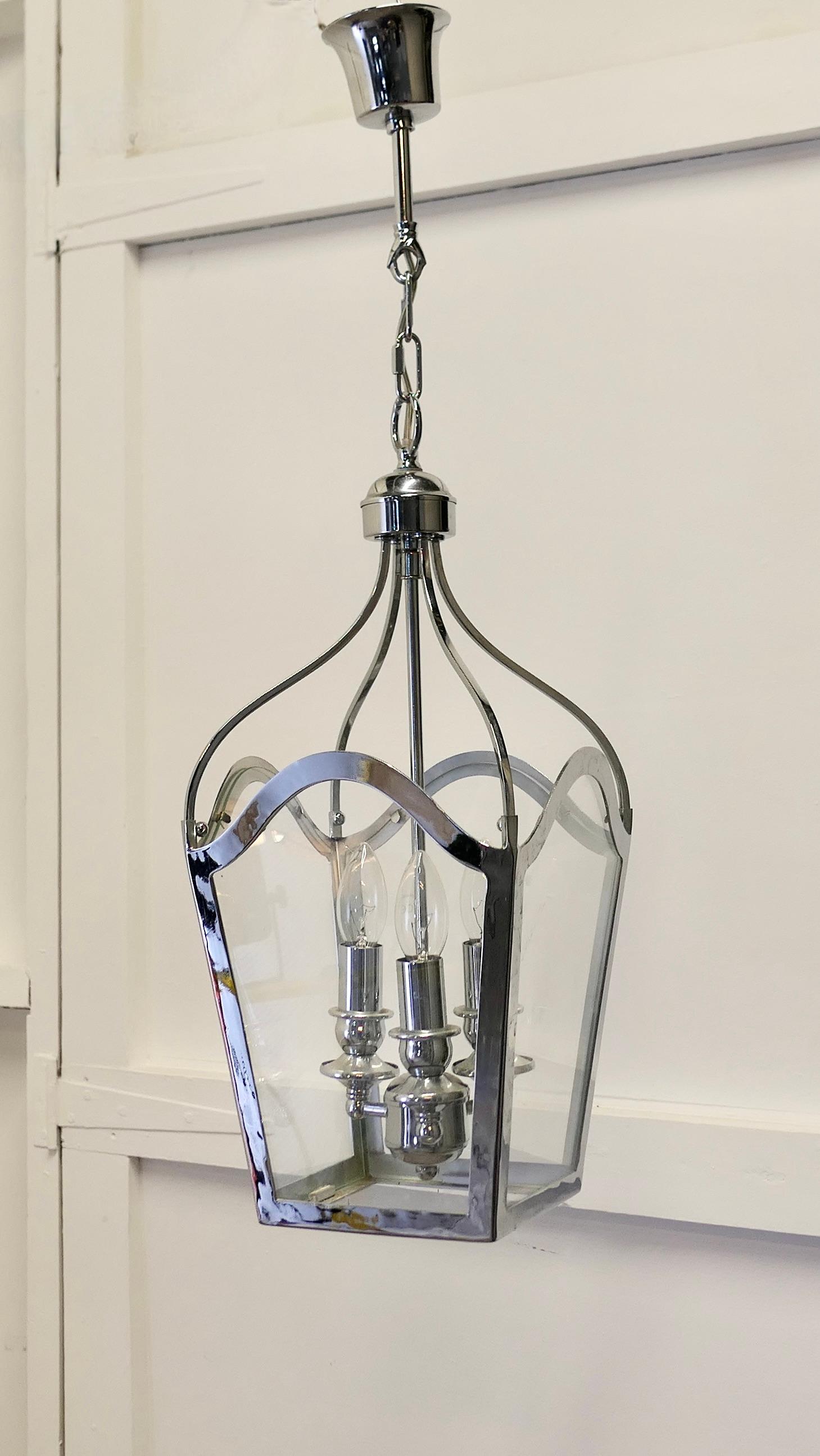 Large Art deco Style Chrome and Glass Lantern, Hall Light For Sale 3